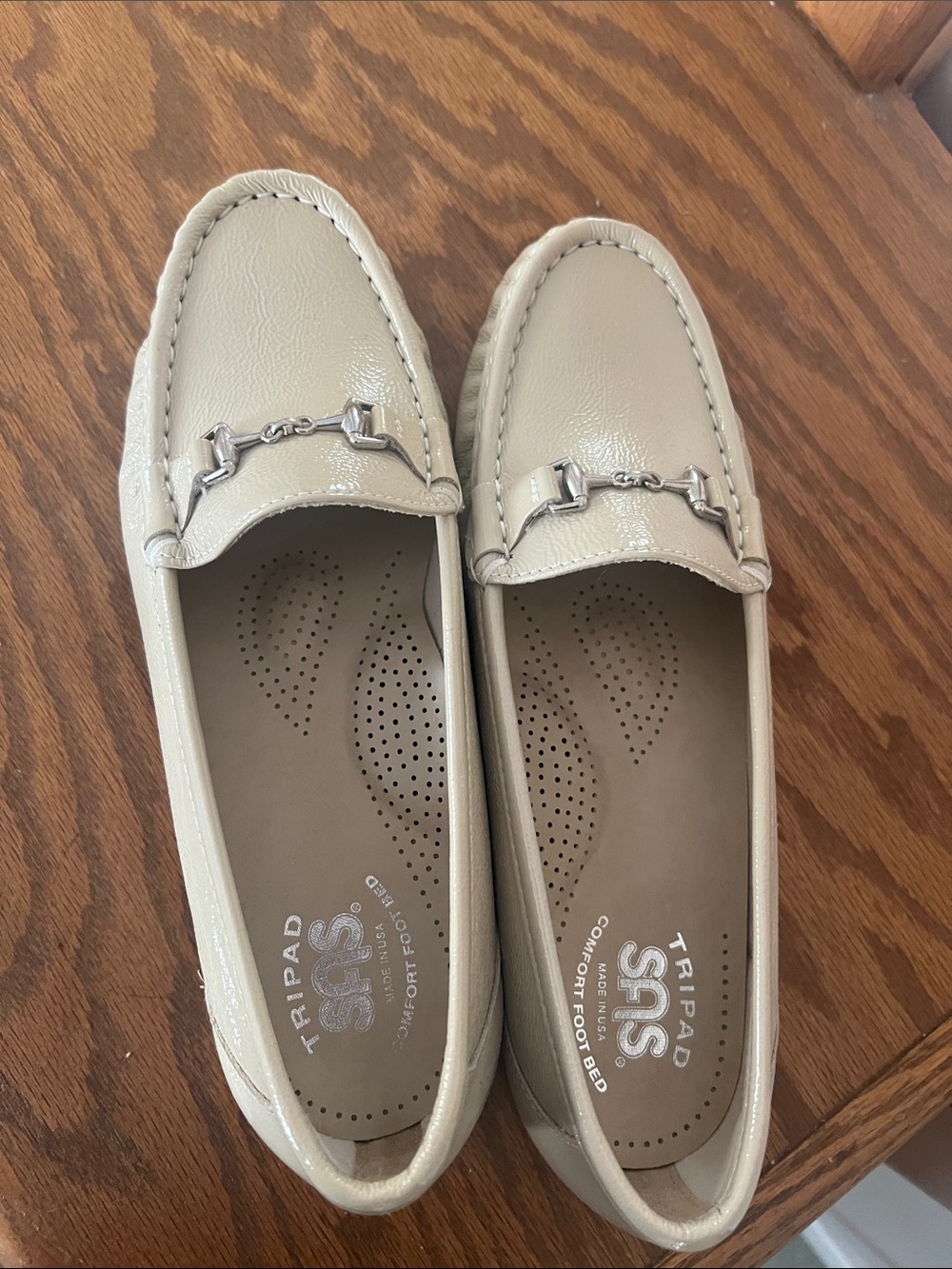 SAS Cream Patent Loafers with Silver Hardware